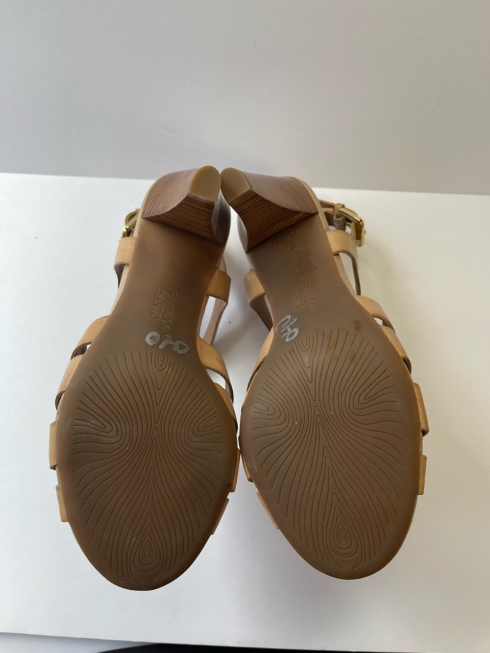 FRANCO SARTO TAN LEATHER WOVEN T-STRAP STACKED HEEL SANDALS - Picture 6 of 9